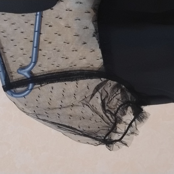 NWOT Black mesh top blouse with pink heart buttons and gathered at the breast - Picture 5 of 7
